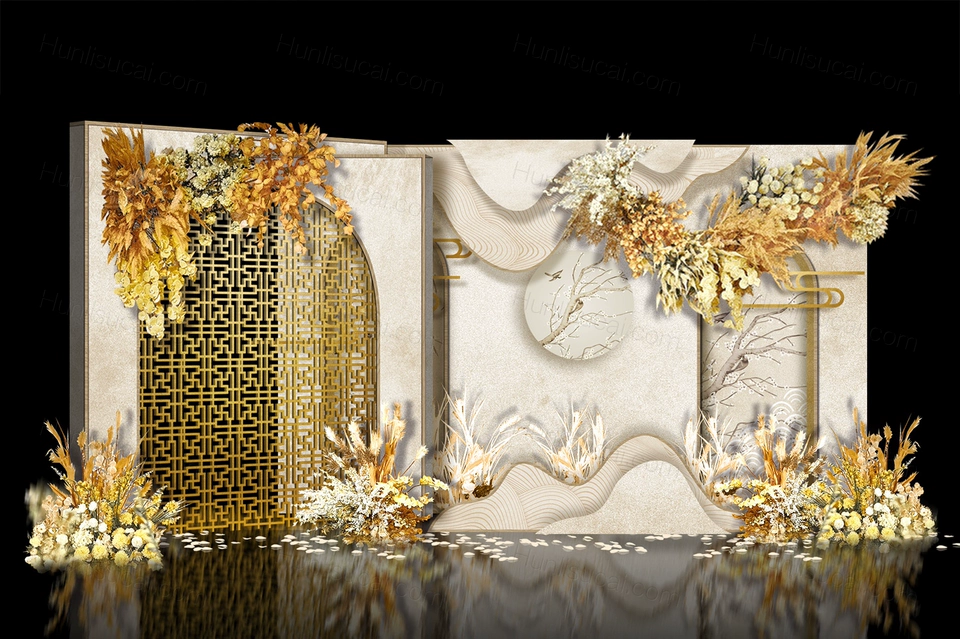 香槟色古典新中式传统婚礼设计舞台效果图背景方案素材psd-婚礼素材网