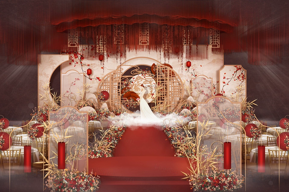香槟色中式传统婚礼设计婚庆效果图舞台展示区背景喷绘KT板素材-婚礼素材网