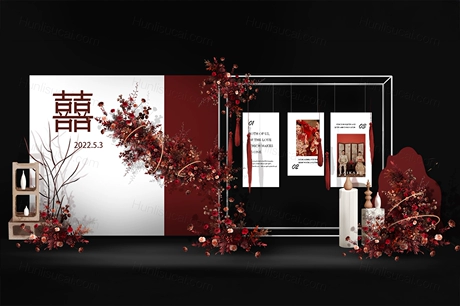 红白色侘寂风喜庆新中式婚礼设计效果图背景布置素材psd源文件-婚礼素材网