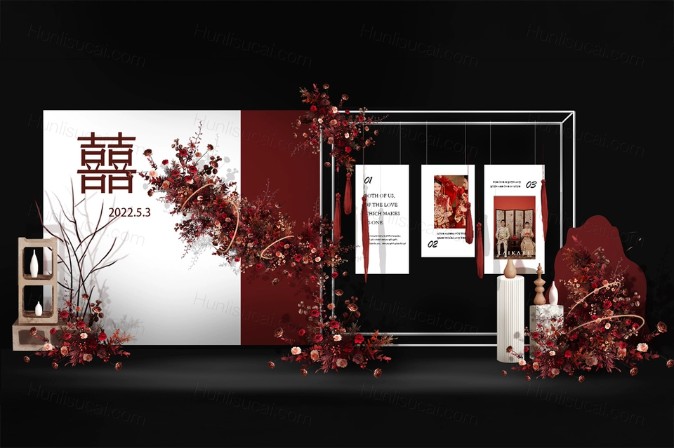红白色侘寂风喜庆新中式婚礼设计效果图背景布置素材psd源文件-婚礼素材网