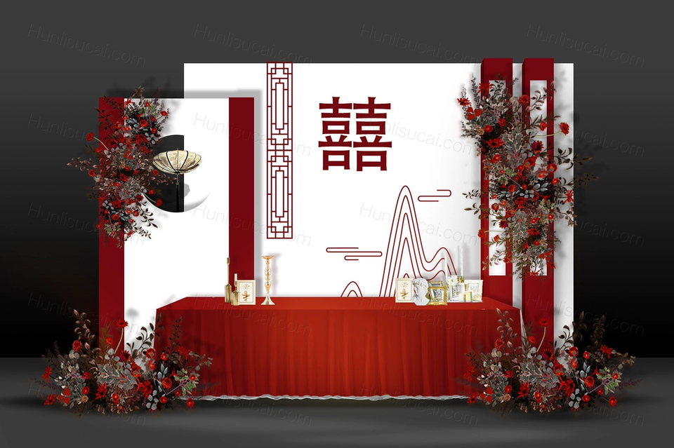 红白色INS简约侘寂风格新中式婚礼设计婚庆效果图素材psd-婚礼素材网