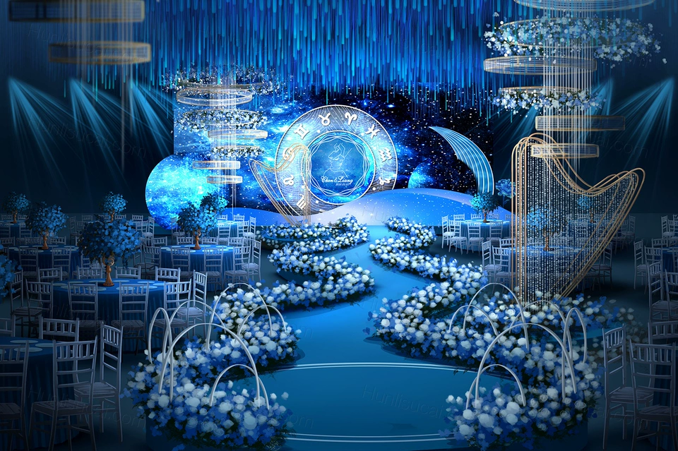 蓝色星空主题婚礼设计婚庆效果图舞台展示区背景喷绘KT板素材-婚礼素材网