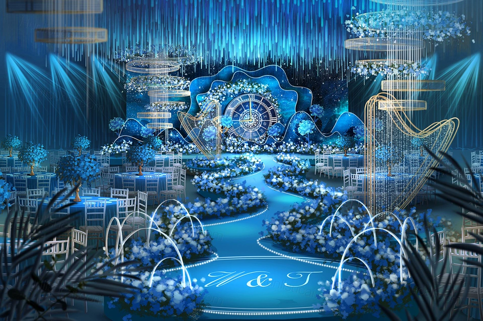 蓝色星空主题高端婚礼设计婚庆手绘效果图舞台展示区背景素材-婚礼素材网