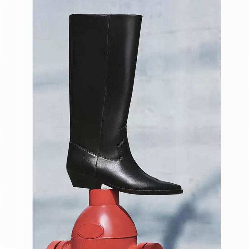 Za2025 Winter Stylish High-Top Pointed-Toe Cowboy Boots Low-Heeled Retro Chunky Heel Wide Calf Over-The-Knee Riding Boots