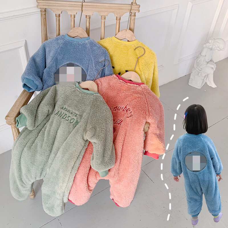 Little boy girl child baby baby one-piece pajamas Autumn and winter velvet thickened coral velvet home wear winter