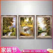 European style hand-painted oil painting triple hanging painting living room decoration painting sofa background wall Swan handmade landscape oil painting