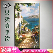 Modern hand-painted oil painting porch decorative painting American aisle corridor vertical hanging painting pure handmade Mediterranean landscape painting