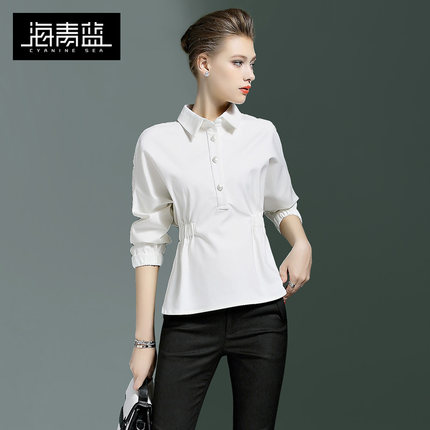 海青蓝outlets2019夏季新款女气质白色休闲束腰修身显瘦衬衫01130