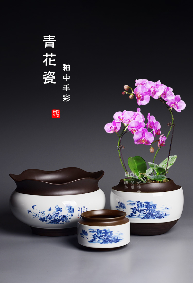 Creative ceramic large special butterfly orchid flower POTS violet arenaceous household green plant Chinese wind restoring ancient ways miniascape of blue and white porcelain basin