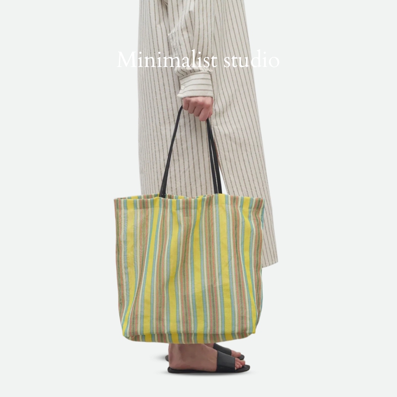 Row Style Rainbow Striped Tote Bag, Summer Relaxed Casual Seaside Vacation Style Gauze Bag, Large Capacity for Commuting Row Style Rainbow Striped Tote Bag, Summer Relaxed Casual Seaside Vacation Style Gauze Bag, Large Capacity for Commuting