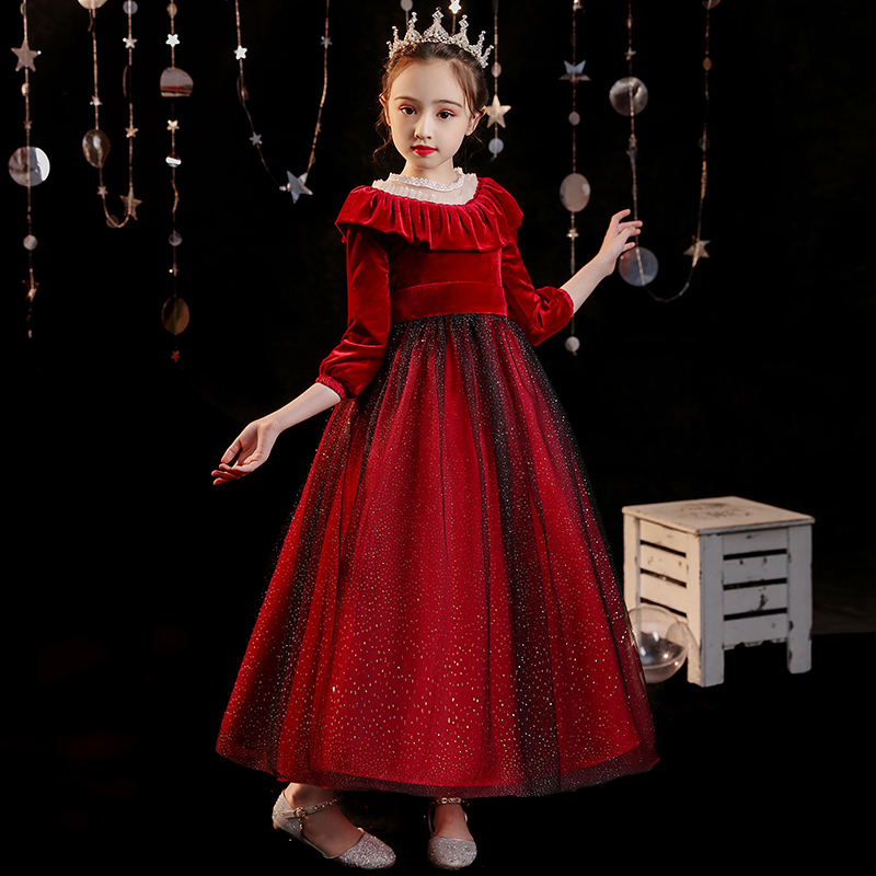 Children's dress female princess dress big boy red velvet birthday catwalk girls evening dress autumn and winter piano costumes