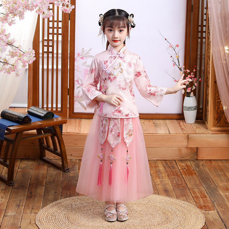 Children's Hanfu Female Chinese Style Ancient Dress Super Immortal Girl Tang Dress Cheongsam Set Little Girl Guzheng Dress Autumn