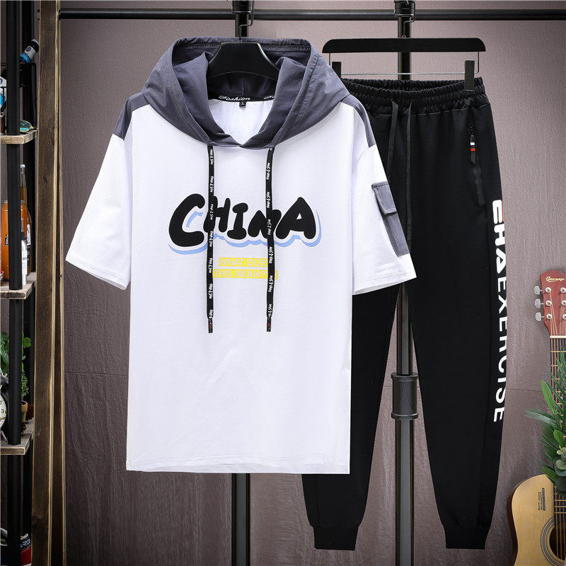 Boys summer short-sleeved suit Children's clothing 12 years old 15 tide children's sports 16 middle school students handsome hooded T two-piece set