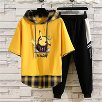 Boys short-sleeved set Zhongdai 14-boy hooded T-shirt 15-year-old junior high school handsome clothes 13 thin summer clothes