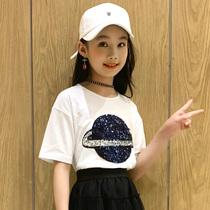 Girl t-shirt summer 2022 new summer dress CUHK Girl short sleeve Korean version foreign air girl child clothes pure cotton childrens blouses