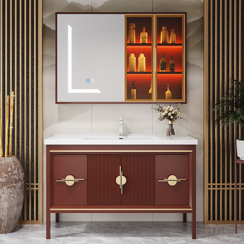 Solid wood smart bathroom cabinet combination red oak bathroom cabinet wash table new Chinese style floor cabinet washbasin ceramic one