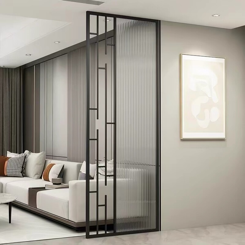Stainless Steel Screen Modern Minimalist Grille Long Wave Pattern Art Glass Light Luxury Partition for Entryway Living Room Foyer