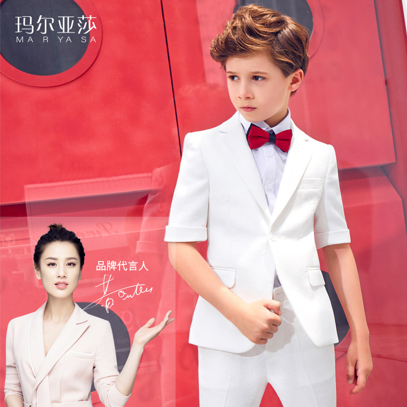 2023 New Boy's Summer Dress White Suite British Wind Round Flower Child Show Host Show Kids Suite