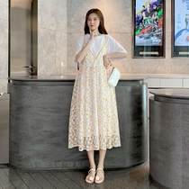 Pregnant woman summer dress dress with dress harness loose big code cover not to be a little fresher foreign air high-grade two sets of dresses
