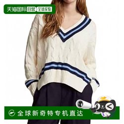자체 운영 된 Polo Ralph Laurenboxy Cable V-Neck 크리켓 스웨터, 크림/해군
