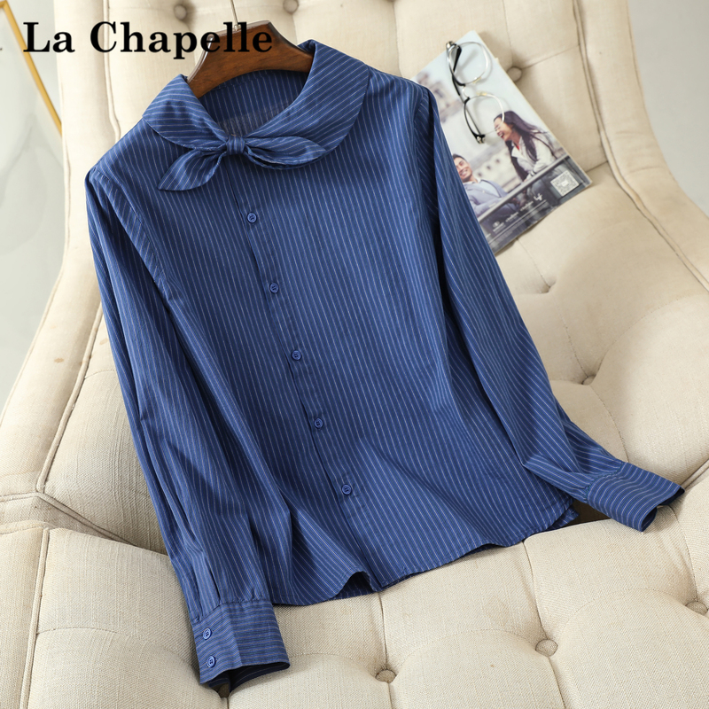 La Chapelle Korean-Style Bow Striped Pure Cotton Shirt for Women, Long-Sleeved, Elegant, Age-Reducing Top, Versatile Women's Shirt La Chapelle Korean-Style Bow Striped Pure Cotton Shirt for Women, Long-Sleeved, Elegant, Age-Reducing Top, Versatile Women's Shirt