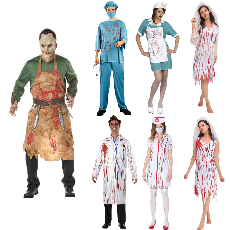 Halloween Horror Butcher's Sexy Bloody Nurse Costume Adult Woman Party Zombie Dress Morgue's Petty Officer's Long Robe