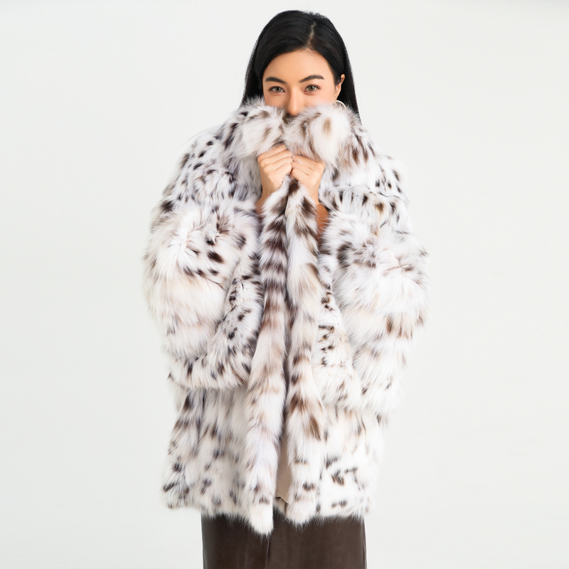 Bello Fur L225205 Pure White Imported Lynx Cat Large Lapel Mid-Length Leopard Print Fur Coat