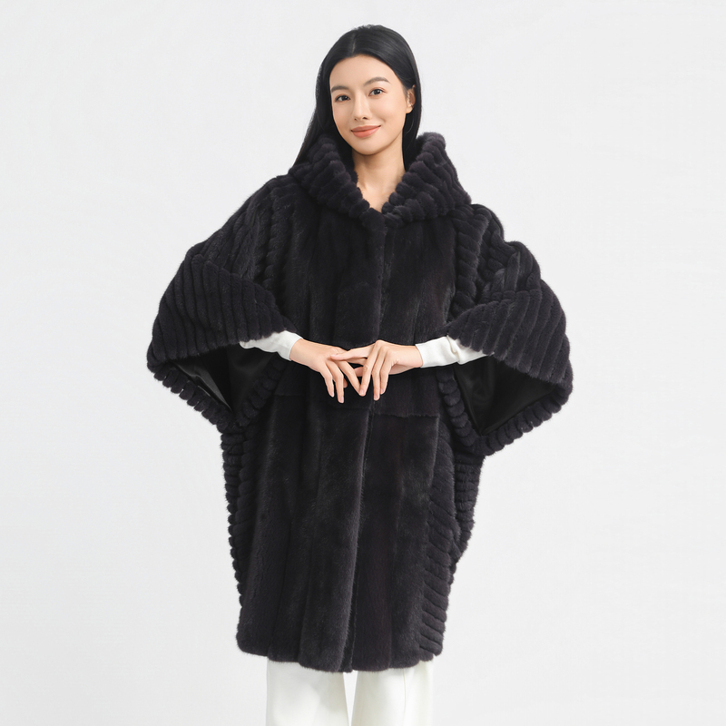 Bello Fur M126346 Platinum Copenhagen Mink Mid-Length Hooded Batwing Sleeve Fur Coat for Women Bello Fur M126346 Platinum Copenhagen Mink Mid-Length Hooded Batwing Sleeve Fur Coat for Women