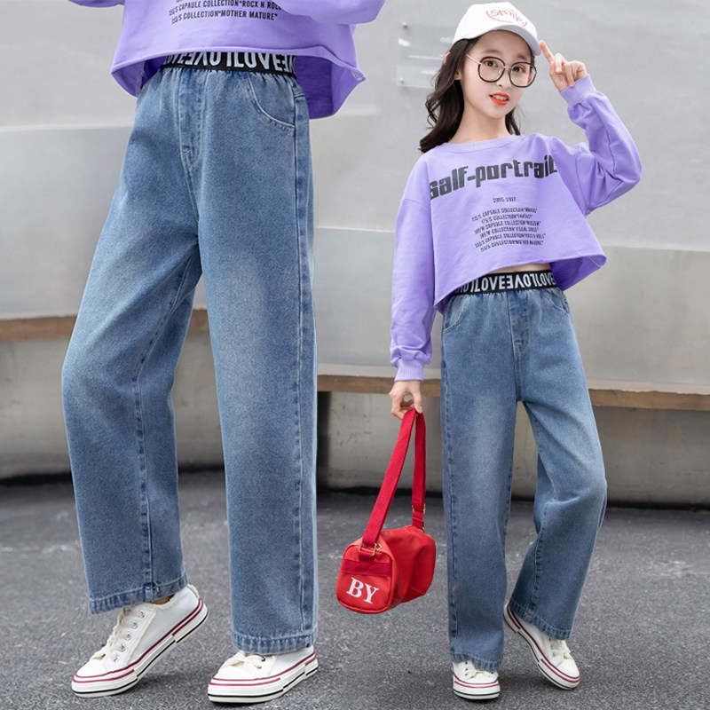 Girl's wide legged jeans spring dress new large children's loose casual children spring and autumn straight tube long pants worn outside