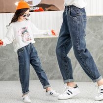Childrens clothing girls Spring and Autumn New loose denim trousers childrens foreign-style female middle-aged childrens leisure Korean pants autumn