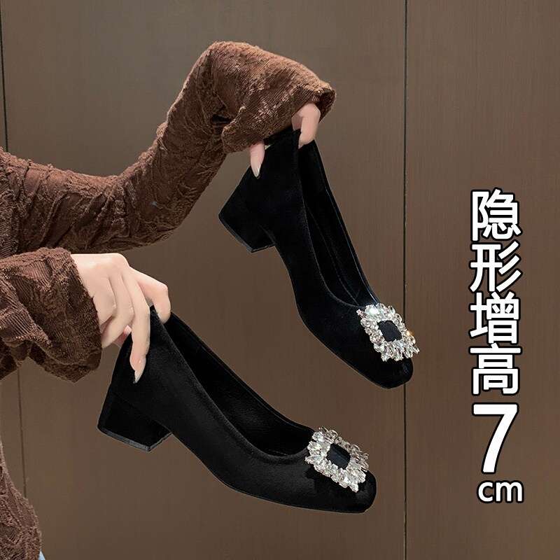 Suede Square-Toe Chunky High-Heeled Shoes for Women, 2026 New Autumn Style, Height-Increasing for Petite Women, with Rhinestones, Elegant and High-End Single Shoes