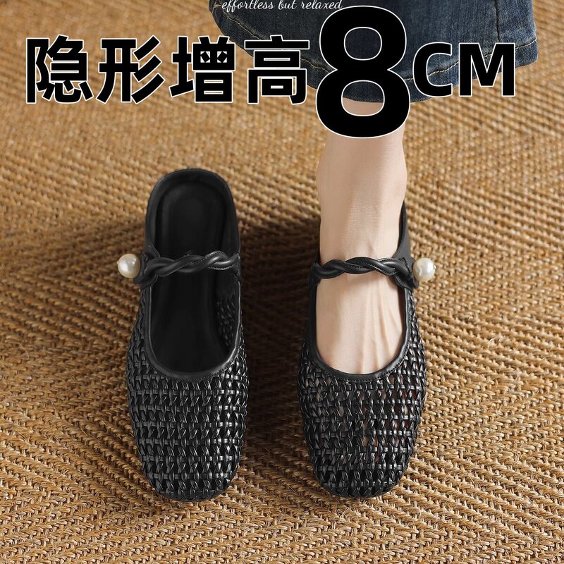 Genuine Leather Black Closed-Toe Half-Slippers for Women, Summer Outerwear, 2026 New Style, Pearl Woven Hollow Breathable Height-Increasing Mules Genuine Leather Black Closed-Toe Half-Slippers for Women, Summer Outerwear, 2026 New Style, Pearl Woven Hollow Breathable Height-Increasing Mules