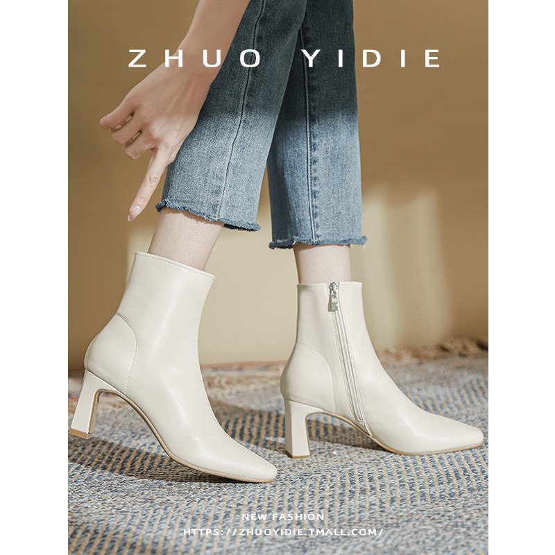 2022 autumn and winter new thick heel short boots women's French white square toe thin boots side zipper ankle boots spring and autumn high heels
