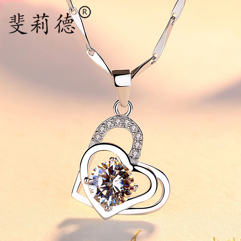 s925 silver necklace woman temperament 100 hitch lock bone chain shake sound the same miniature inlaid heart-shaped pendant minimalist Korean version of ornament