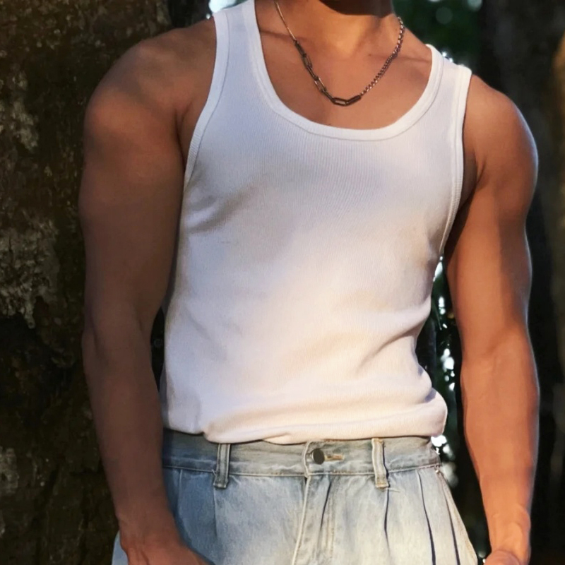 Heavy-Duty Tough Guy American-Style Pure Cotton Ribbed Tank Top for Men, Slim-Fit Sleeveless Sports Fitness Vest, White