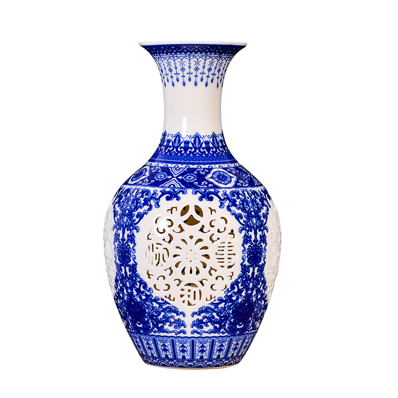 Blue and white porcelain of jingdezhen ceramics hollow - out vases, flower arranging new Chinese style living room porch TV ark adornment furnishing articles