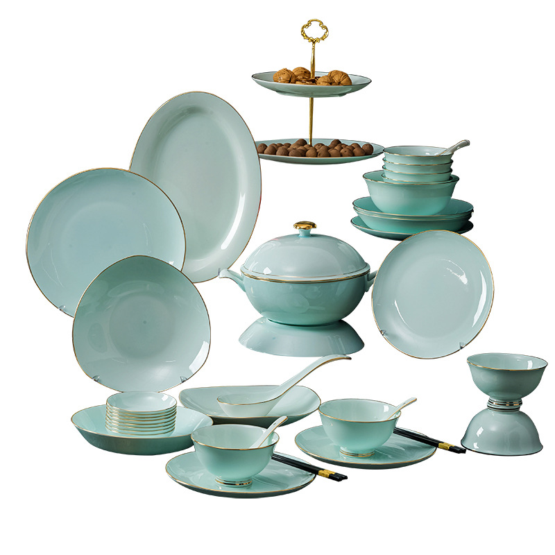 Jingdezhen high - grade light shadow celadon tableware suit household European contracted hand - made key-2 luxury up phnom penh ipads plate combination