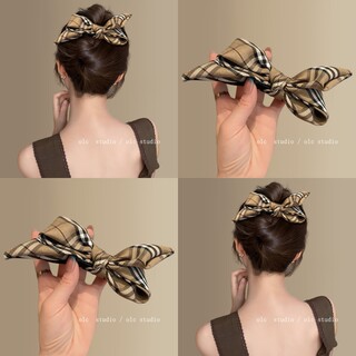 英伦学姐~复古格纹蝴蝶结鸭嘴夹发夹后脑勺一字抓夹高级旅行头饰