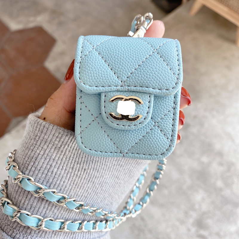 1 / 2 Generation Universal -- Sky Blue Gold Standard Caviar + Silver Braided RopeTXO caviar Little fragrance apply Apple Airpods1 / 2 generations Bluetooth smart cover Airpodspro3 Internet celebrity