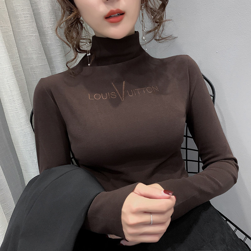 Half-height collar double-sided German velvet bottoming shirt women wear 2019 autumn and winter foreign European sanding plant plus velvet padded T-shirt
