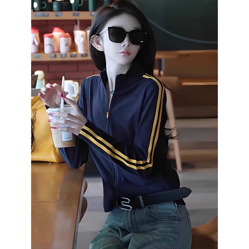 春と秋のシックなネイビーブルーのジッパースタンドカラーカーディガントップデザインニッチ2ストライプ薄手セーターレディースジャケット