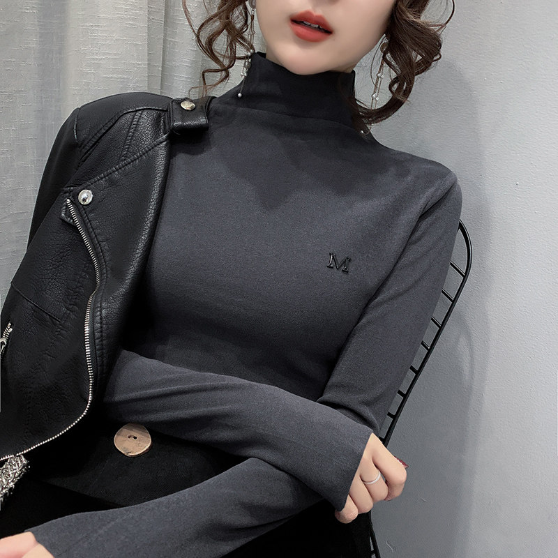 Half turtleneck double-sided German velvet bottoming shirt women's inner wear 2019 autumn and winter European goods Western style sanding planting plus velvet thickening T-shirt