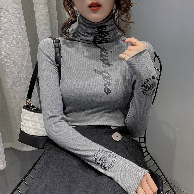Pile Stack High Collar Bottom Jersey Woman Inside Lap 2019 Autumn Winter New Euro-Goods Foreign Blouse Blouse T-shirt With Long Sleeve T-Shirt