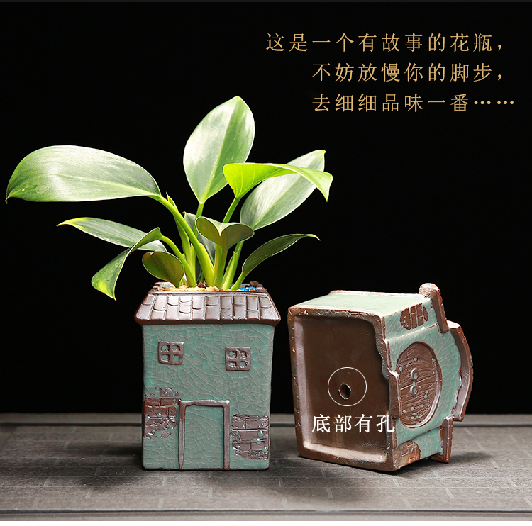 Flowerpot ceramic creative Chinese style house, elder brother up indoor green, the plants potted meat more desktop calamus asparagus bonsai pot