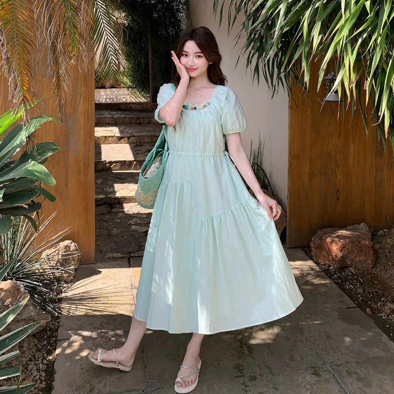 Sweet Style Puff-Sleeved Light Green A-Line Dress for Women, Summer Mint Green Waist-Cinching Long Dress, Slimming and Elegant Dress