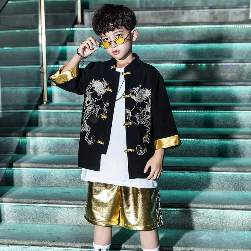 Boys' hip-hop suit hip-hop loose children's hip-hop clothing jazz dance summer performance clothing Hanfu Chinese style short-sleeved