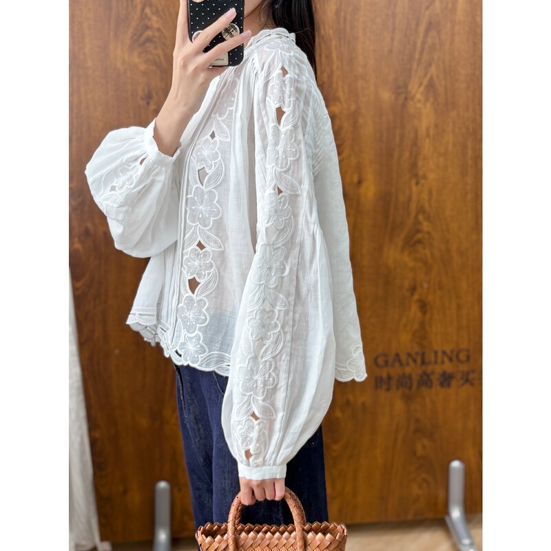 Fairy-Like Resort Style ~ Ramie Floral Lace Embroidered Hollow Long-Sleeve Shirt for Women, White, Slimming and High-End Top