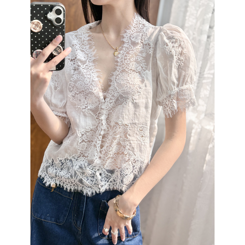 Misty and Transparent | White French Romantic Cut Out Water-Soluble Lace V Neck Ramie Puff Short-Sleeved Shirt Top for Women