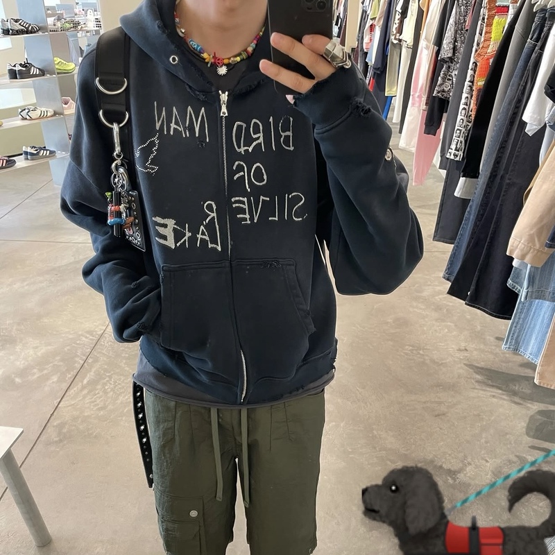 Bmc Paly Hollywood Black and Blue Graffiti Medal Washed Vintage Rhinestone Zipper Hoodie Pengiri Same Style