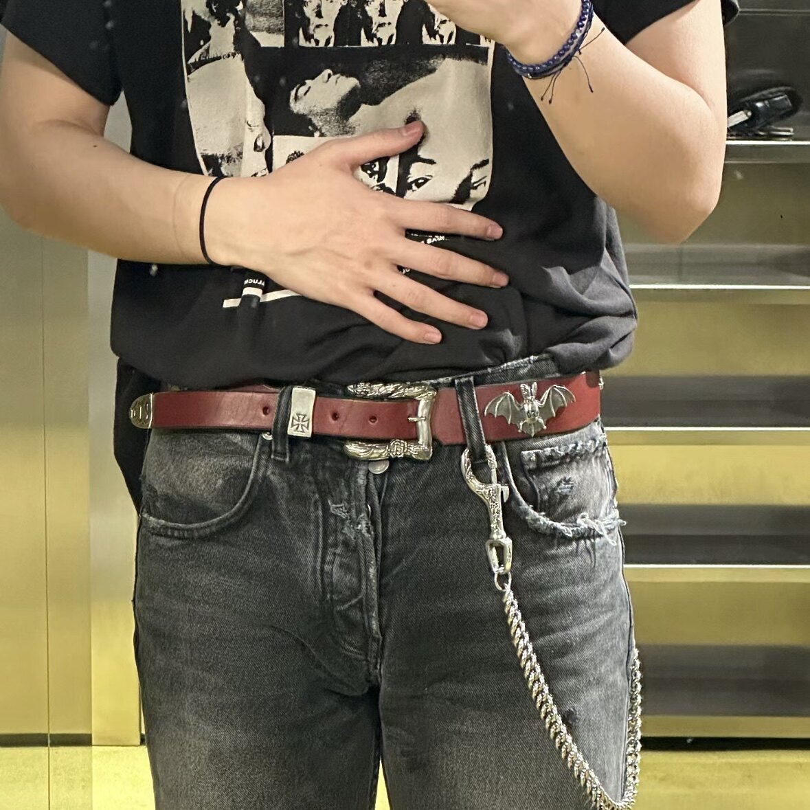 Новый кожаный ремень ERD melancholy RICH второго поколения с заклепками BAT CROSS BAT STUD TEXAS BELT Изображение 1
